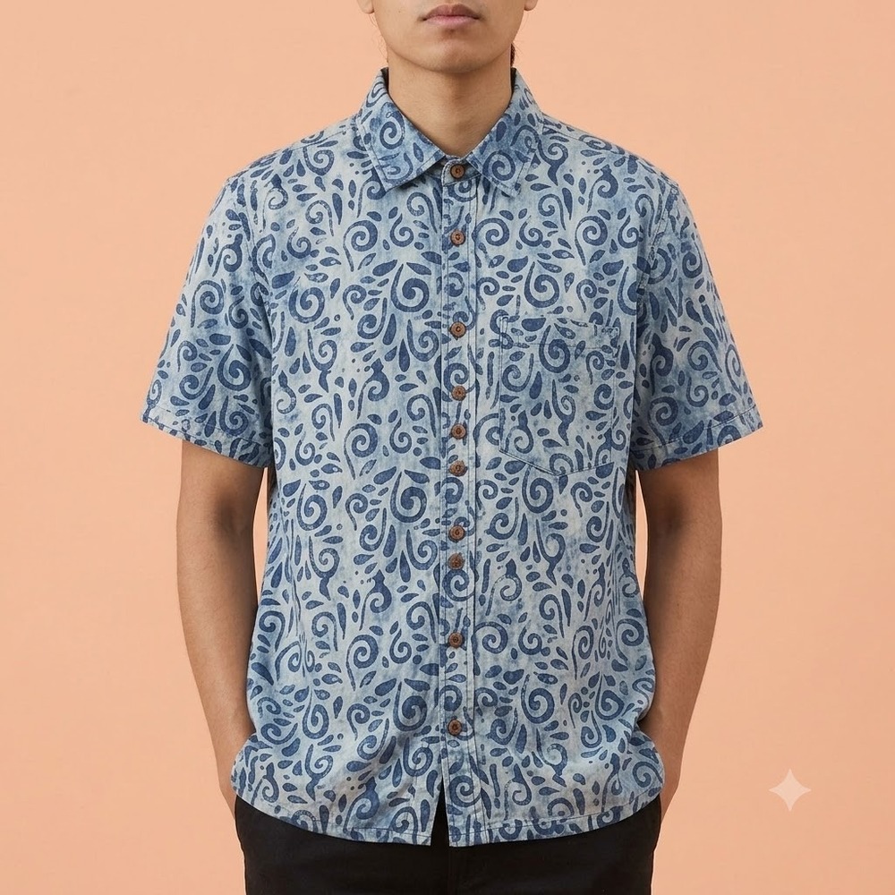 Fabindia‎ Bush Shirt Mens 38 Blue White Swirl Print Cotton Short Sleeve Batik